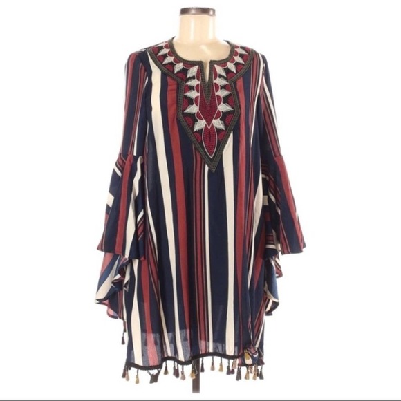 CALLIE MAC Tassel Embroidered Striped Boho Long Sleeve Dress Size Large - Picture 1 of 9